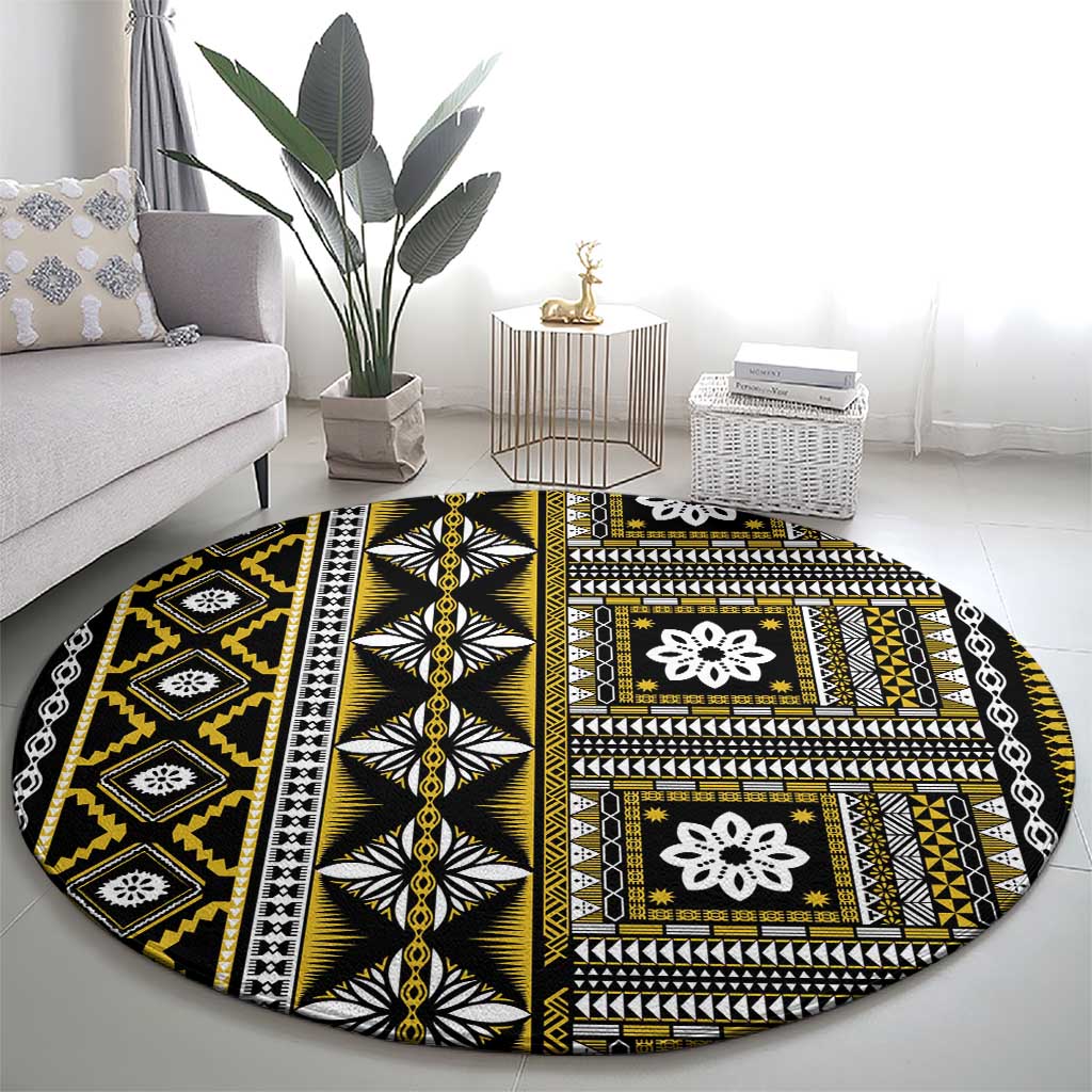 Fiji Masi Tapa Pattern Yellow Round Carpet - Polynesian Pride