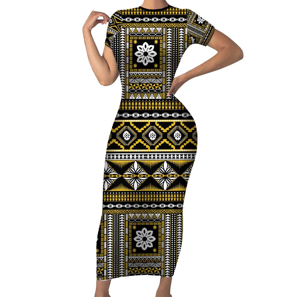 Fiji Masi Tapa Pattern Yellow Short Sleeve Bodycon Dress - Polynesian Pride