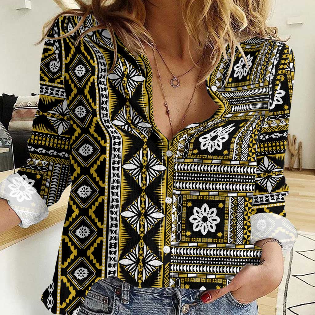Fiji Masi Tapa Pattern Yellow Women Casual Shirt - Polynesian Pride