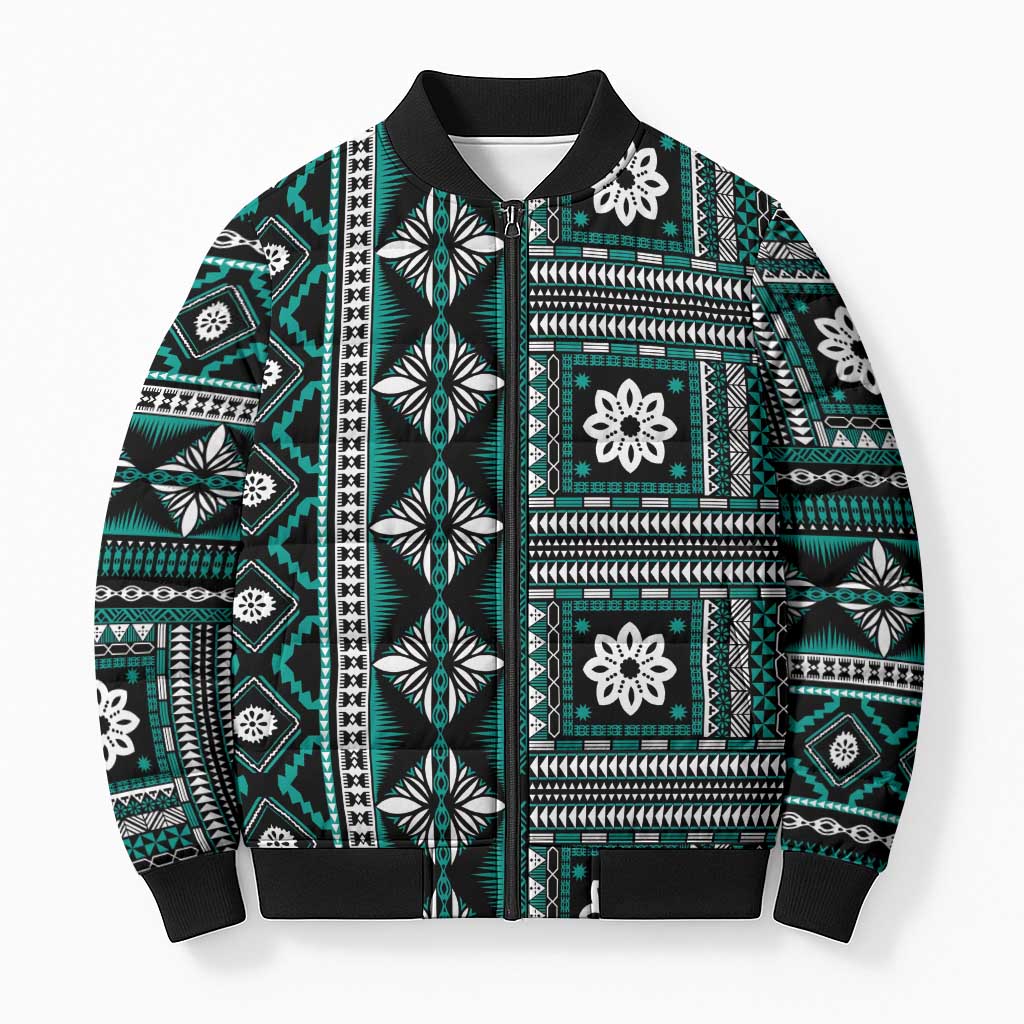 Fiji Masi Tapa Pattern Teal Bomber Puffer Jacket - Polynesian Pride