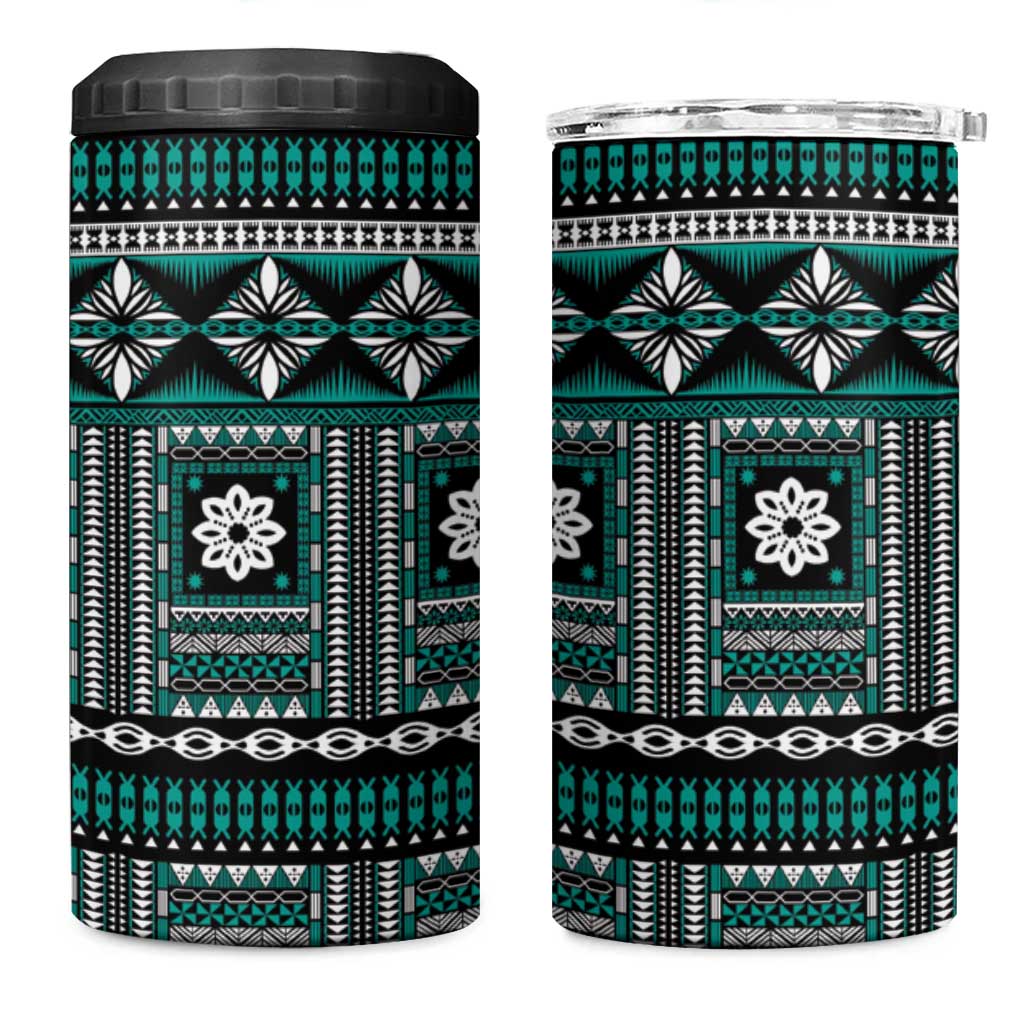 Fiji Masi Tapa Pattern Teal 4 in 1 Can Cooler Tumbler - Polynesian Pride