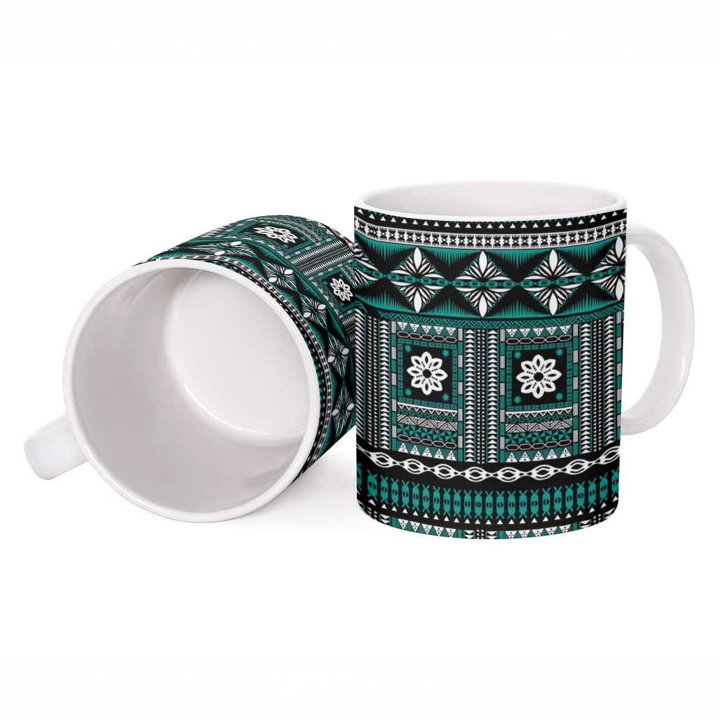 Fiji Masi Tapa Pattern Teal Ceramic Mug - Polynesian Pride