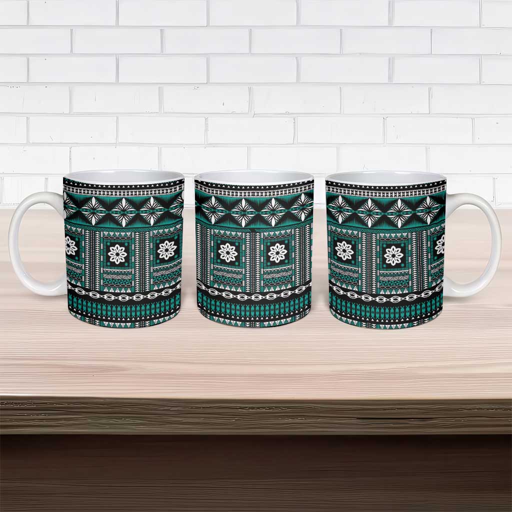 Fiji Masi Tapa Pattern Teal Ceramic Mug - Polynesian Pride