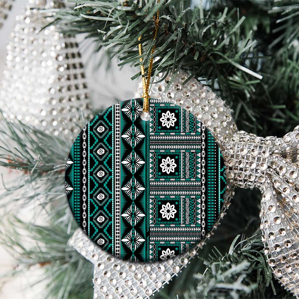 Fiji Masi Tapa Pattern Teal Ceramic Ornament - Polynesian Pride