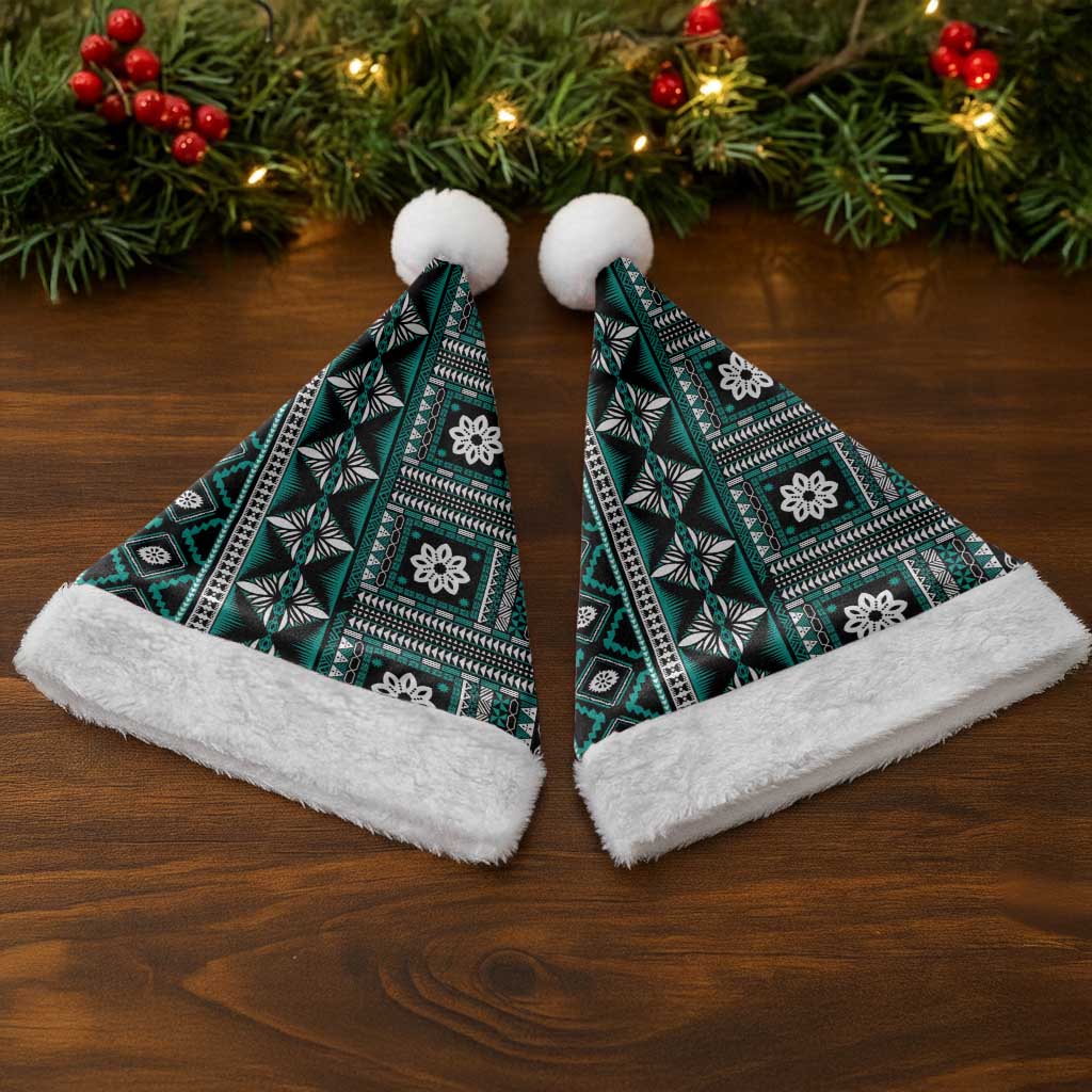 Fiji Masi Tapa Pattern Teal Christmas Santa Hat - Polynesian Pride