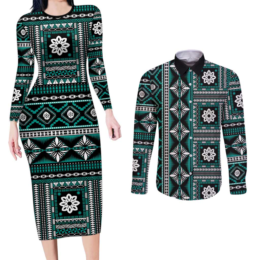 Fiji Masi Tapa Pattern Teal Couples Matching Long Sleeve Bodycon Dress and Long Sleeve Button Shirt - Polynesian Pride