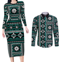 Fiji Masi Tapa Pattern Teal Couples Matching Long Sleeve Bodycon Dress and Long Sleeve Button Shirt - Polynesian Pride