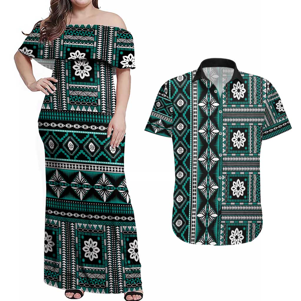 Fiji Masi Tapa Pattern Teal Couples Matching Off Shoulder Maxi Dress and Hawaiian Shirt - Polynesian Pride