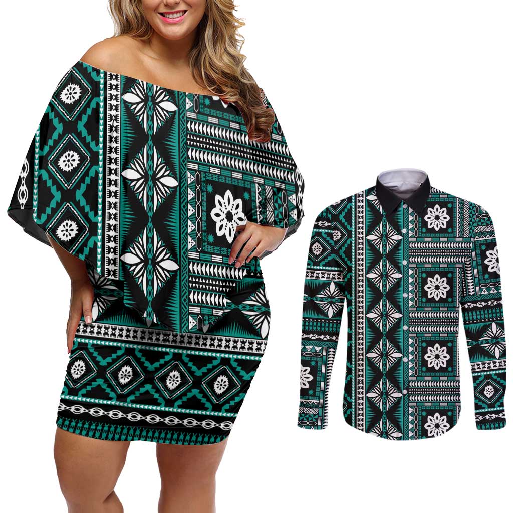 Fiji Masi Tapa Pattern Teal Couples Matching Off Shoulder Short Dress and Long Sleeve Button Shirt - Polynesian Pride