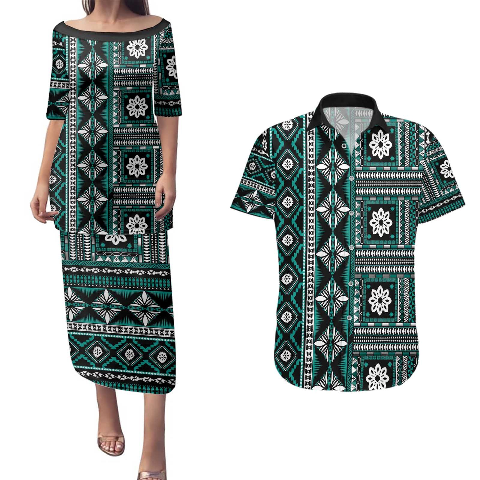 Fiji Masi Tapa Pattern Teal Couples Matching Puletasi and Hawaiian Shirt - Polynesian Pride