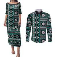 Fiji Masi Tapa Pattern Teal Couples Matching Puletasi and Long Sleeve Button Shirt - Polynesian Pride