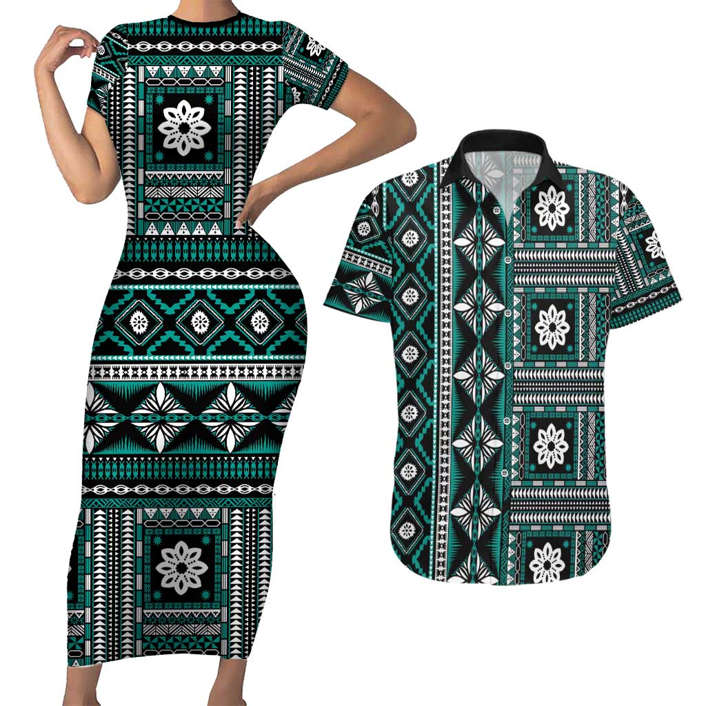 Fiji Masi Tapa Pattern Teal Couples Matching Short Sleeve Bodycon Dress and Hawaiian Shirt - Polynesian Pride
