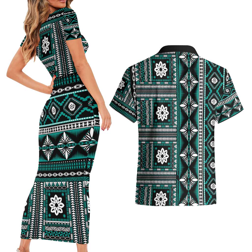 Fiji Masi Tapa Pattern Teal Couples Matching Short Sleeve Bodycon Dress and Hawaiian Shirt - Polynesian Pride