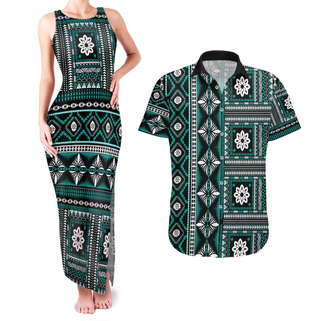 Fiji Masi Tapa Pattern Teal Couples Matching Tank Maxi Dress and Hawaiian Shirt - Polynesian Pride