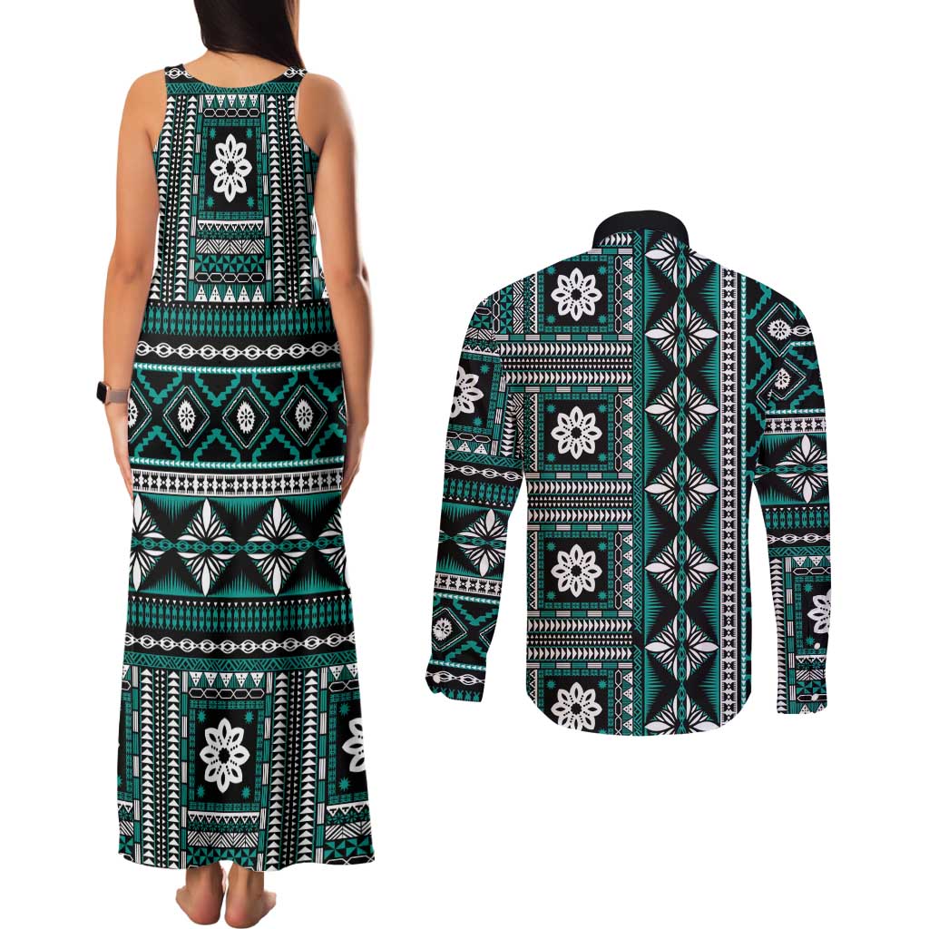 Fiji Masi Tapa Pattern Teal Couples Matching Tank Maxi Dress and Long Sleeve Button Shirt - Polynesian Pride