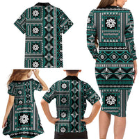 Fiji Masi Tapa Pattern Teal Family Matching Long Sleeve Bodycon Dress and Hawaiian Shirt - Polynesian Pride