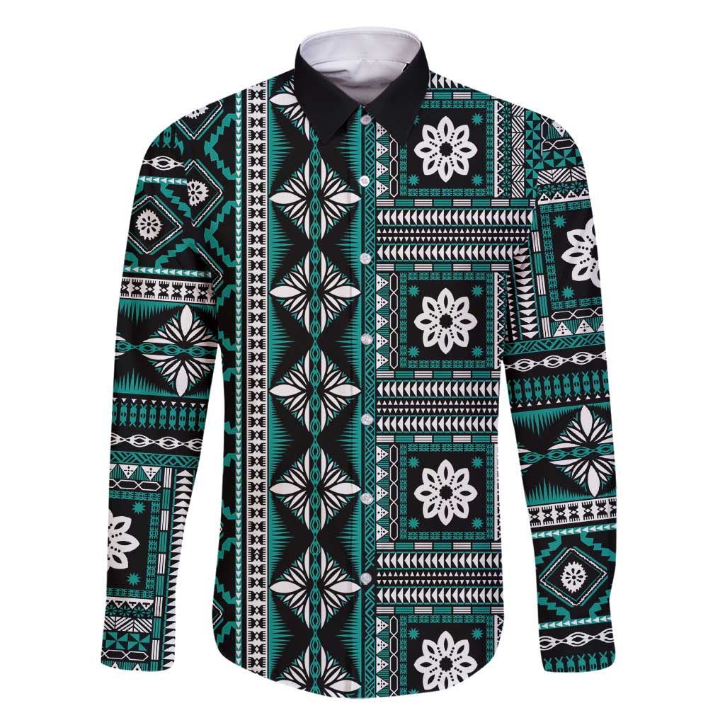 Fiji Masi Tapa Pattern Teal Family Matching Long Sleeve Bodycon Dress and Hawaiian Shirt - Polynesian Pride