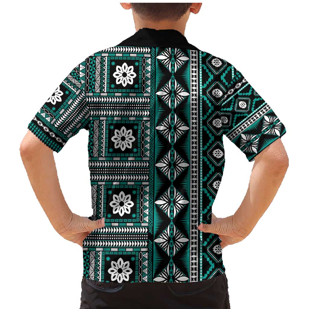 Fiji Masi Tapa Pattern Teal Family Matching Mermaid Dress and Hawaiian Shirt - Polynesian Pride