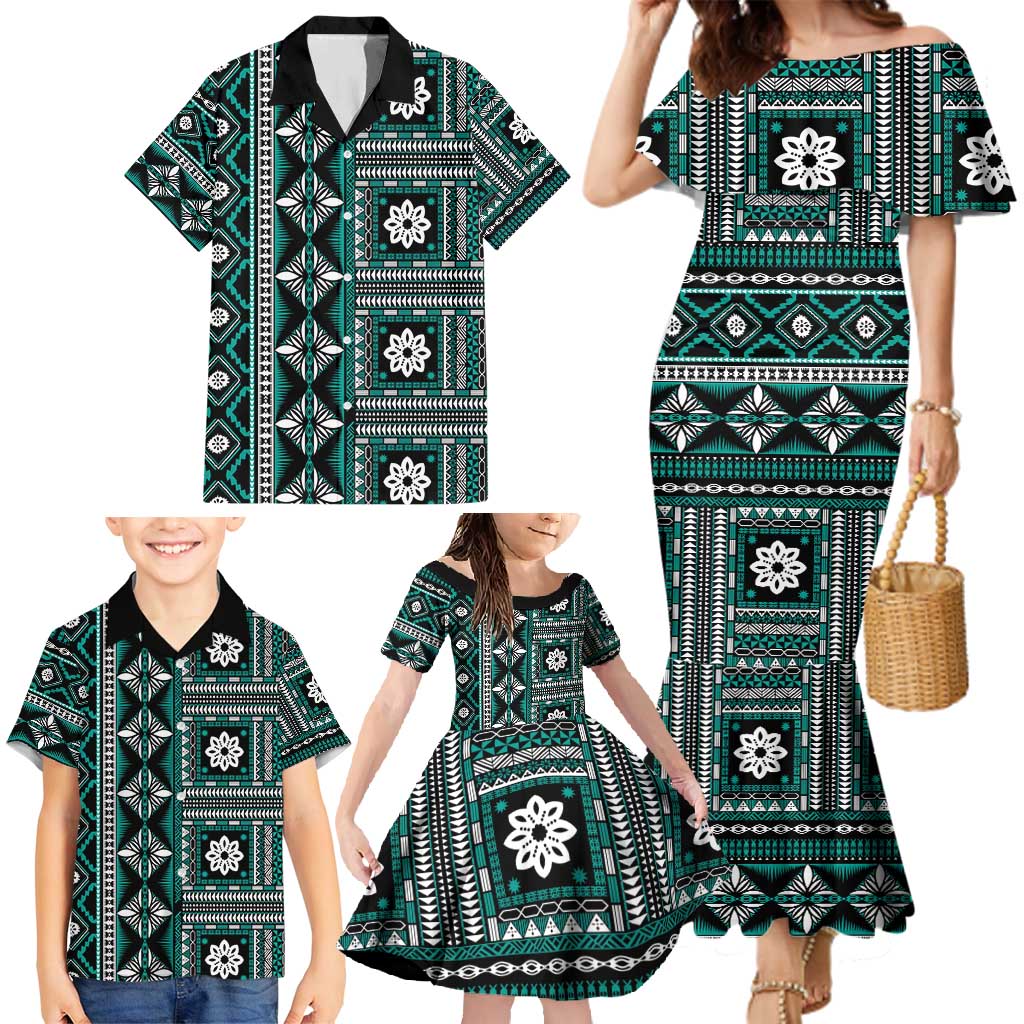 Fiji Masi Tapa Pattern Teal Family Matching Mermaid Dress and Hawaiian Shirt - Polynesian Pride