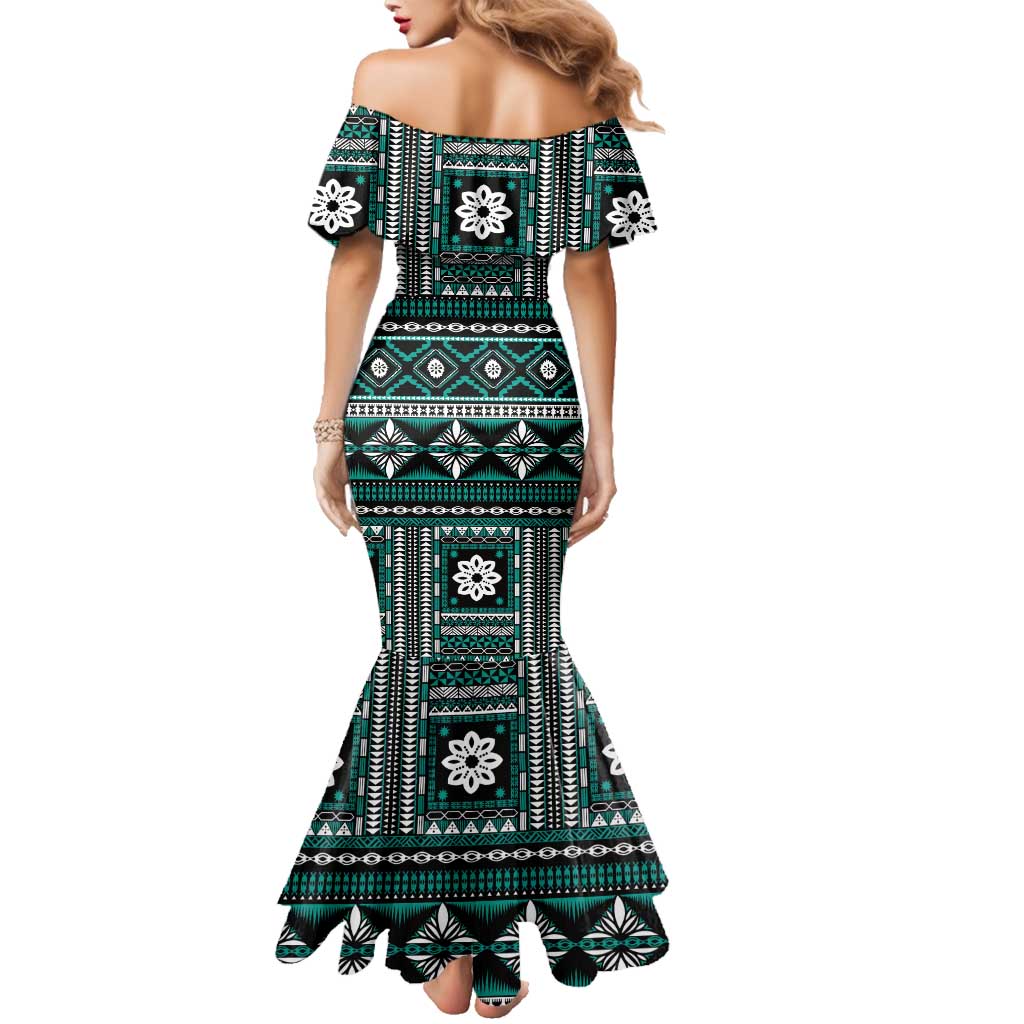 Fiji Masi Tapa Pattern Teal Family Matching Mermaid Dress and Hawaiian Shirt - Polynesian Pride