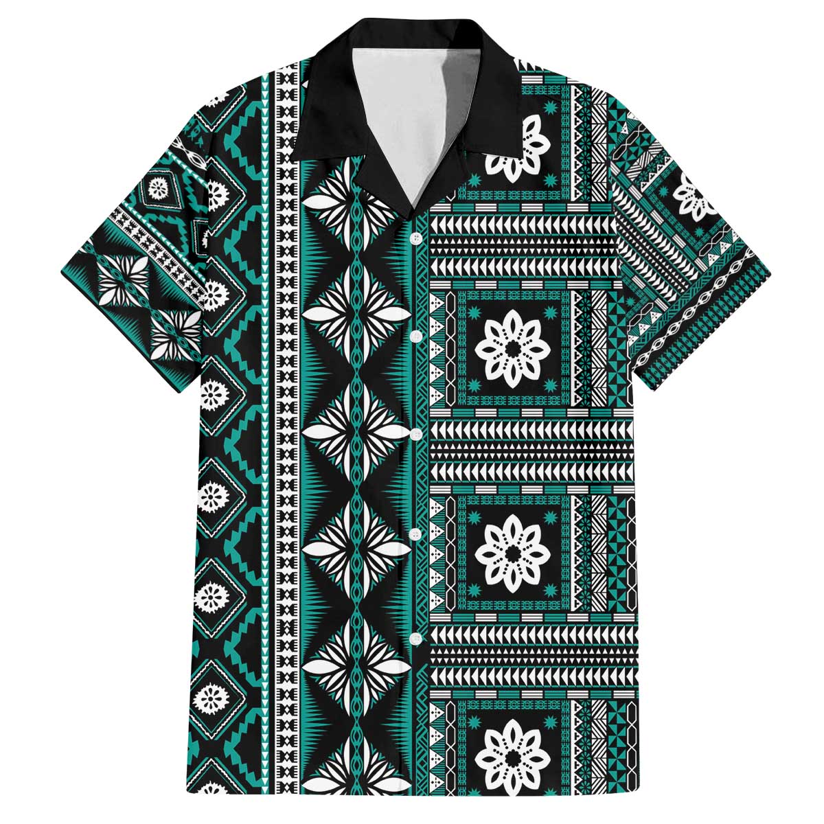 Fiji Masi Tapa Pattern Teal Family Matching Off The Shoulder Long Sleeve Dress and Hawaiian Shirt - Polynesian Pride