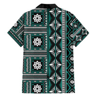 Fiji Masi Tapa Pattern Teal Family Matching Off The Shoulder Long Sleeve Dress and Hawaiian Shirt - Polynesian Pride