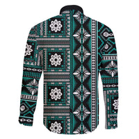 Fiji Masi Tapa Pattern Teal Family Matching Off The Shoulder Long Sleeve Dress and Hawaiian Shirt - Polynesian Pride