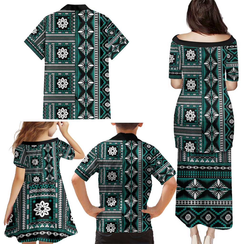 Fiji Masi Tapa Pattern Teal Family Matching Puletasi and Hawaiian Shirt - Polynesian Pride
