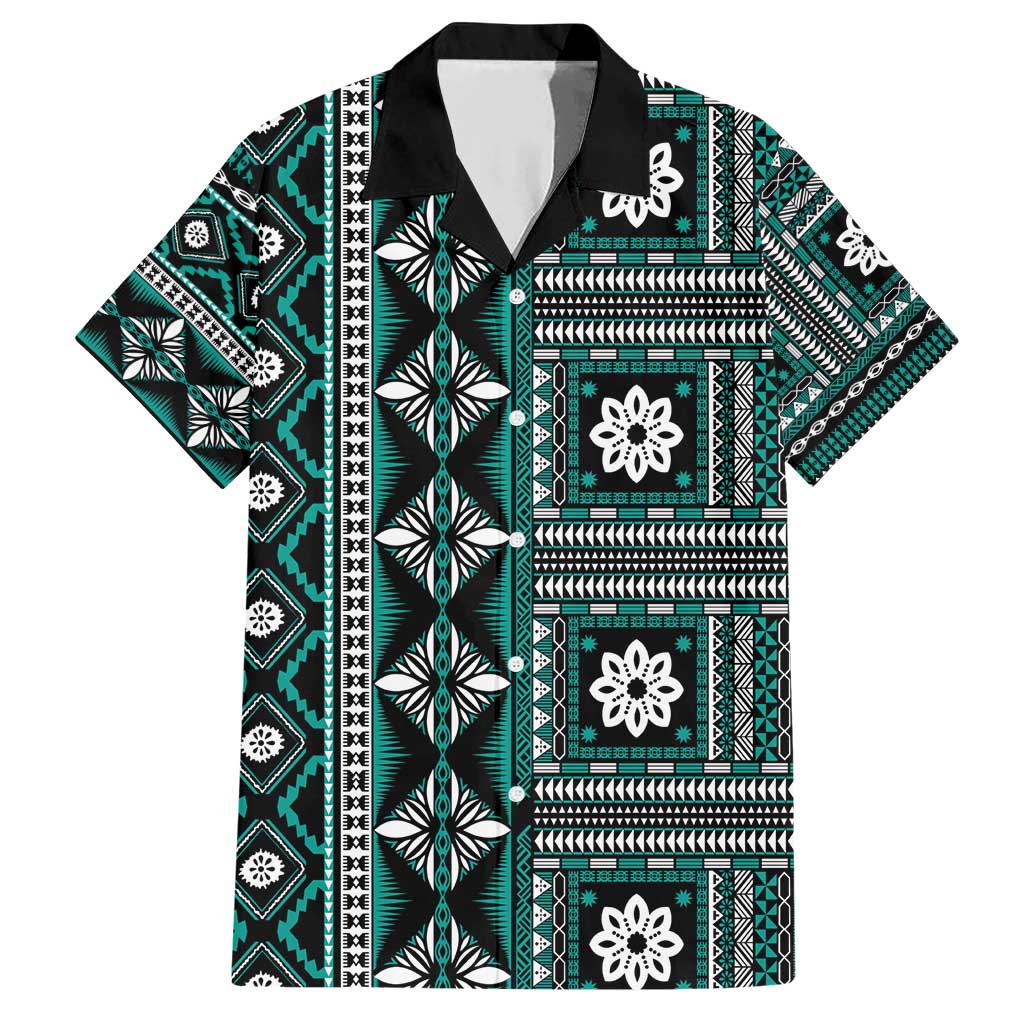 Fiji Masi Tapa Pattern Teal Family Matching Short Sleeve Bodycon Dress and Hawaiian Shirt - Polynesian Pride