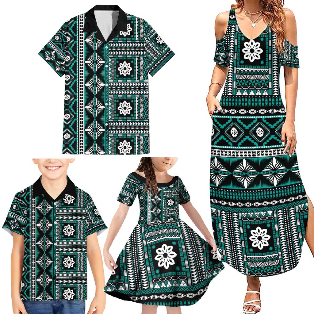 Fiji Masi Tapa Pattern Teal Family Matching Summer Maxi Dress and Hawaiian Shirt - Polynesian Pride