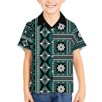 Fiji Masi Tapa Pattern Teal Family Matching Summer Maxi Dress and Hawaiian Shirt - Polynesian Pride