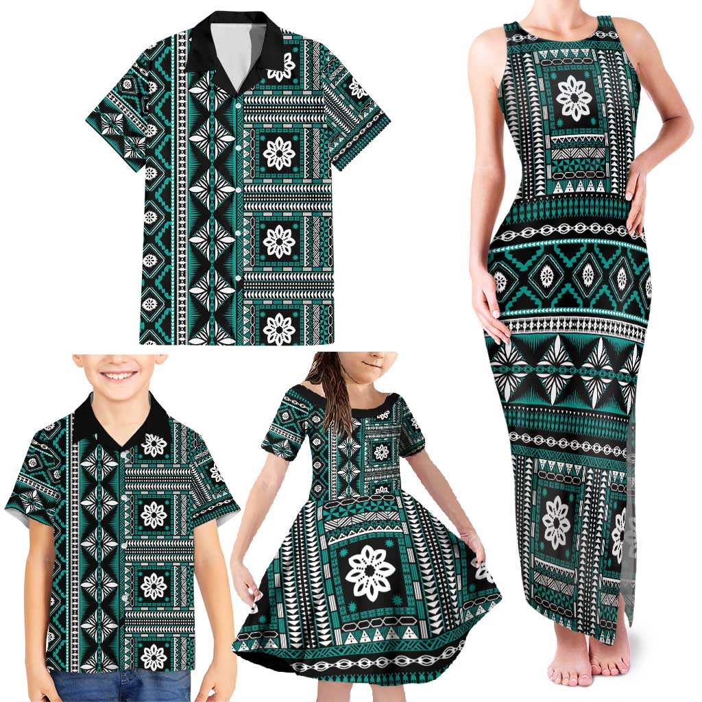 Fiji Masi Tapa Pattern Teal Family Matching Tank Maxi Dress and Hawaiian Shirt - Polynesian Pride