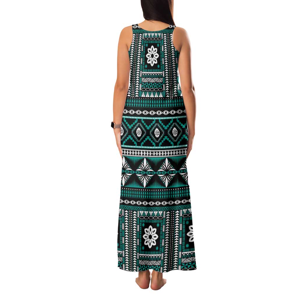 Fiji Masi Tapa Pattern Teal Family Matching Tank Maxi Dress and Hawaiian Shirt - Polynesian Pride