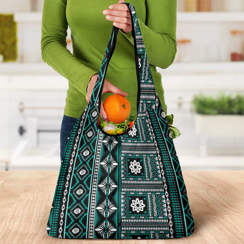 Fiji Masi Tapa Pattern Teal Grocery Bag - Polynesian Pride