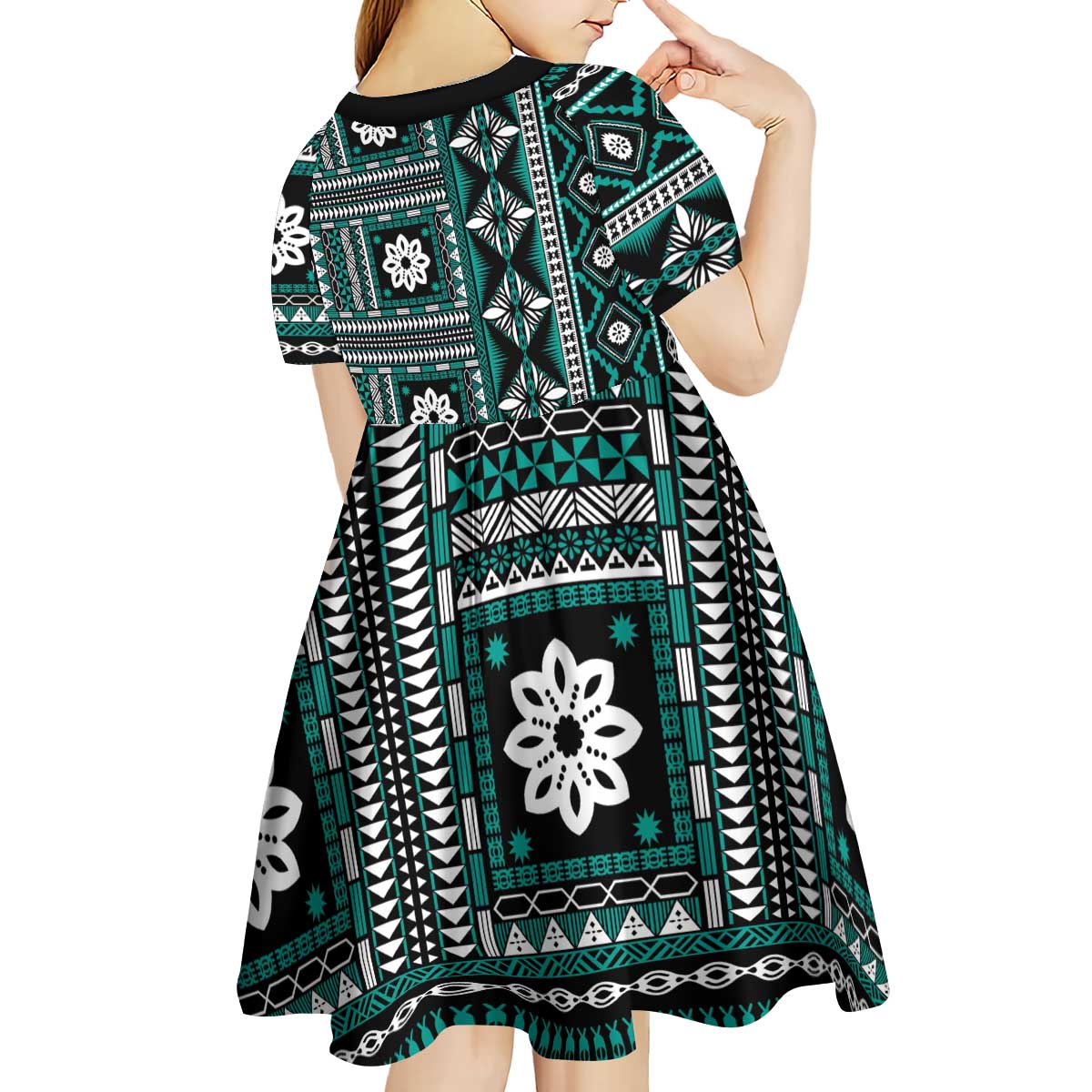 Fiji Masi Tapa Pattern Teal Kid Short Sleeve Dress - Polynesian Pride