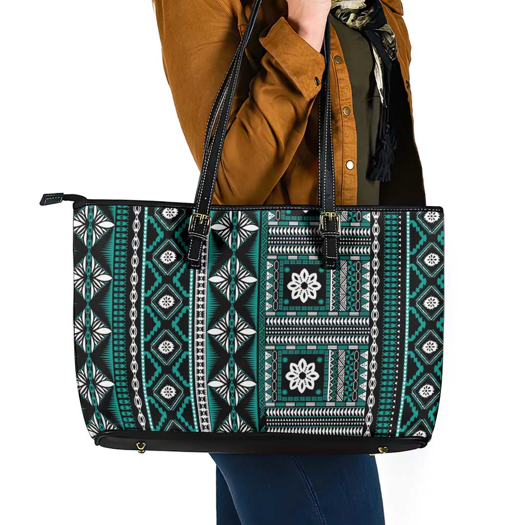 Fiji Masi Tapa Pattern Teal Leather Tote Bag - Polynesian Pride