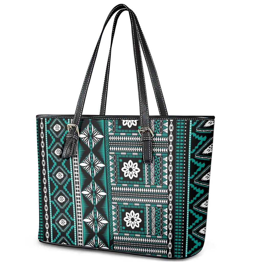 Fiji Masi Tapa Pattern Teal Leather Tote Bag - Polynesian Pride