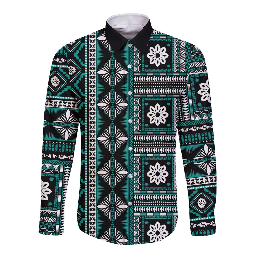 Fiji Masi Tapa Pattern Teal Long Sleeve Button Shirt - Polynesian Pride