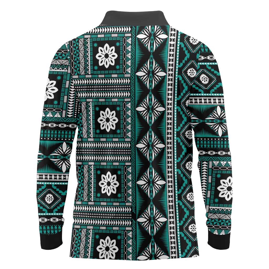 Fiji Masi Tapa Pattern Teal Long Sleeve Polo Shirt - Polynesian Pride