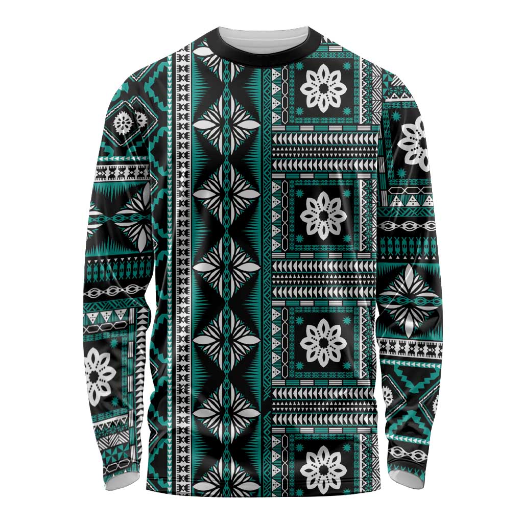 Fiji Masi Tapa Pattern Teal Long Sleeve Shirt - Polynesian Pride