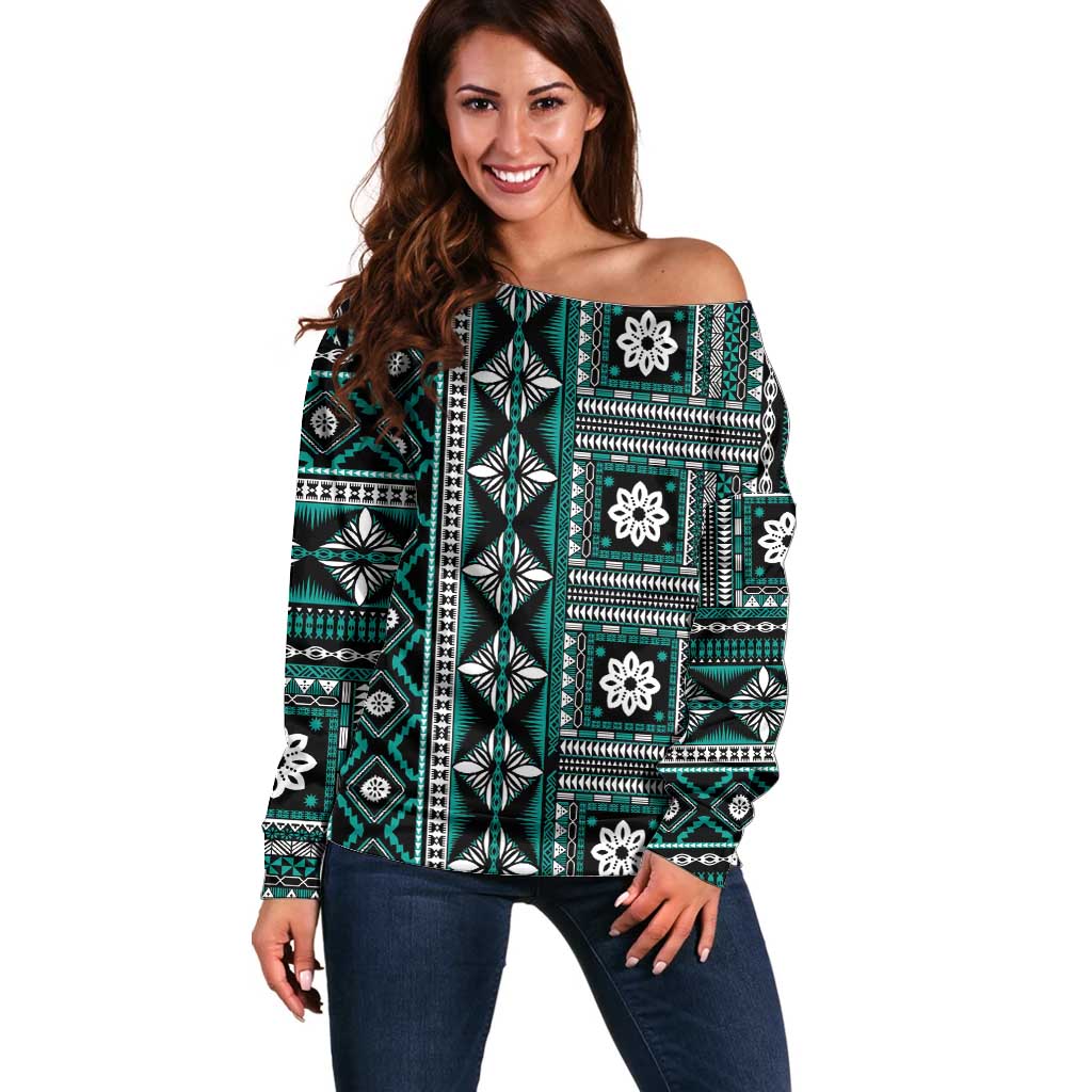 Fiji Masi Tapa Pattern Teal Off Shoulder Sweater - Polynesian Pride