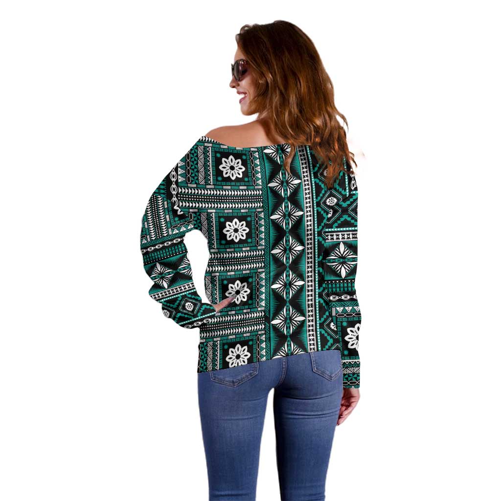 Fiji Masi Tapa Pattern Teal Off Shoulder Sweater - Polynesian Pride