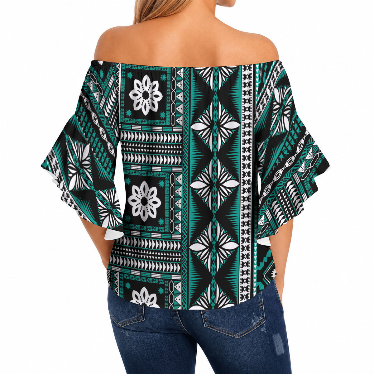 Fiji Masi Tapa Pattern Teal Off Shoulder Wrap Waist Top LT01 - Polynesian Pride
