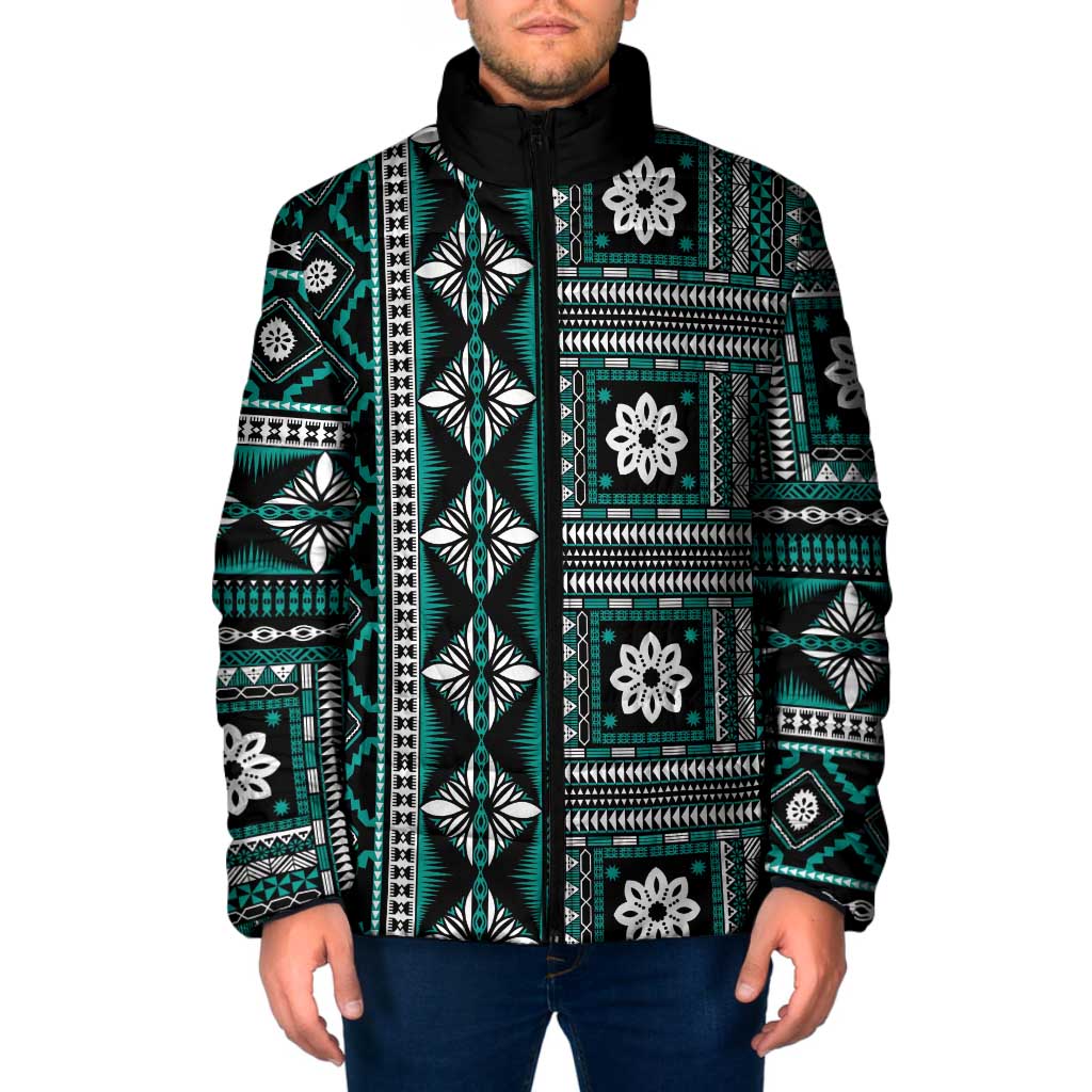 Fiji Masi Tapa Pattern Teal Padded Jacket - Polynesian Pride