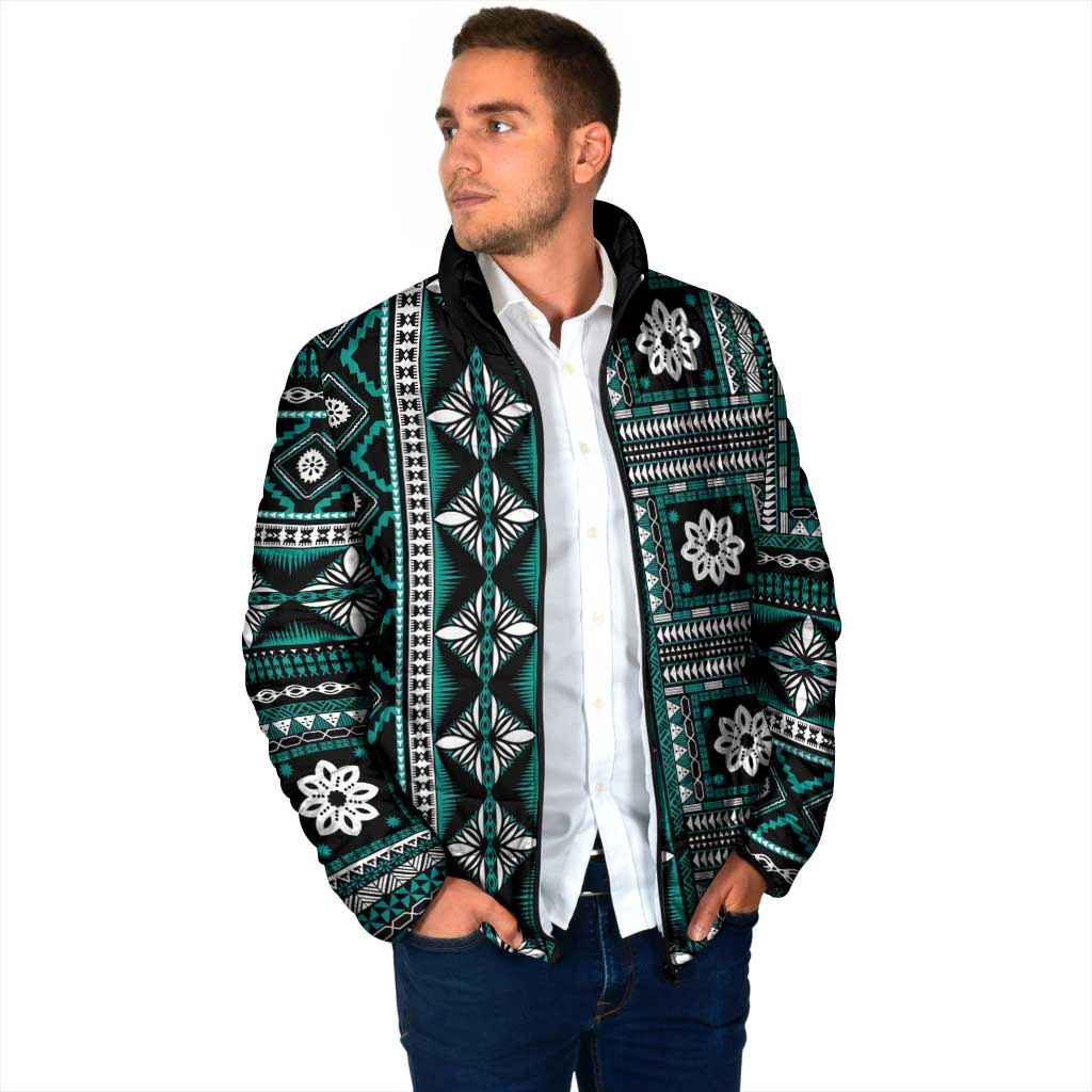 Fiji Masi Tapa Pattern Teal Padded Jacket - Polynesian Pride