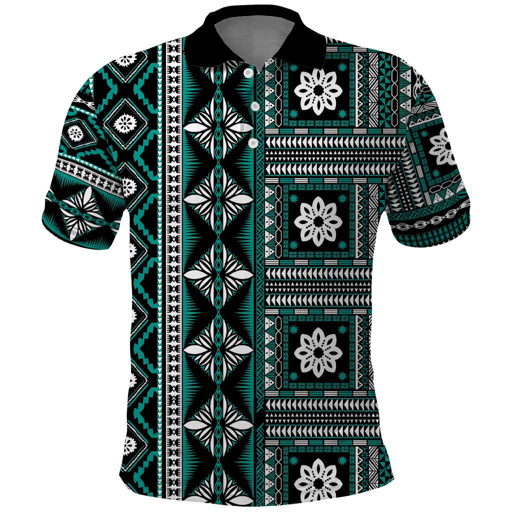 Fiji Masi Tapa Pattern Teal Polo Shirt - Polynesian Pride