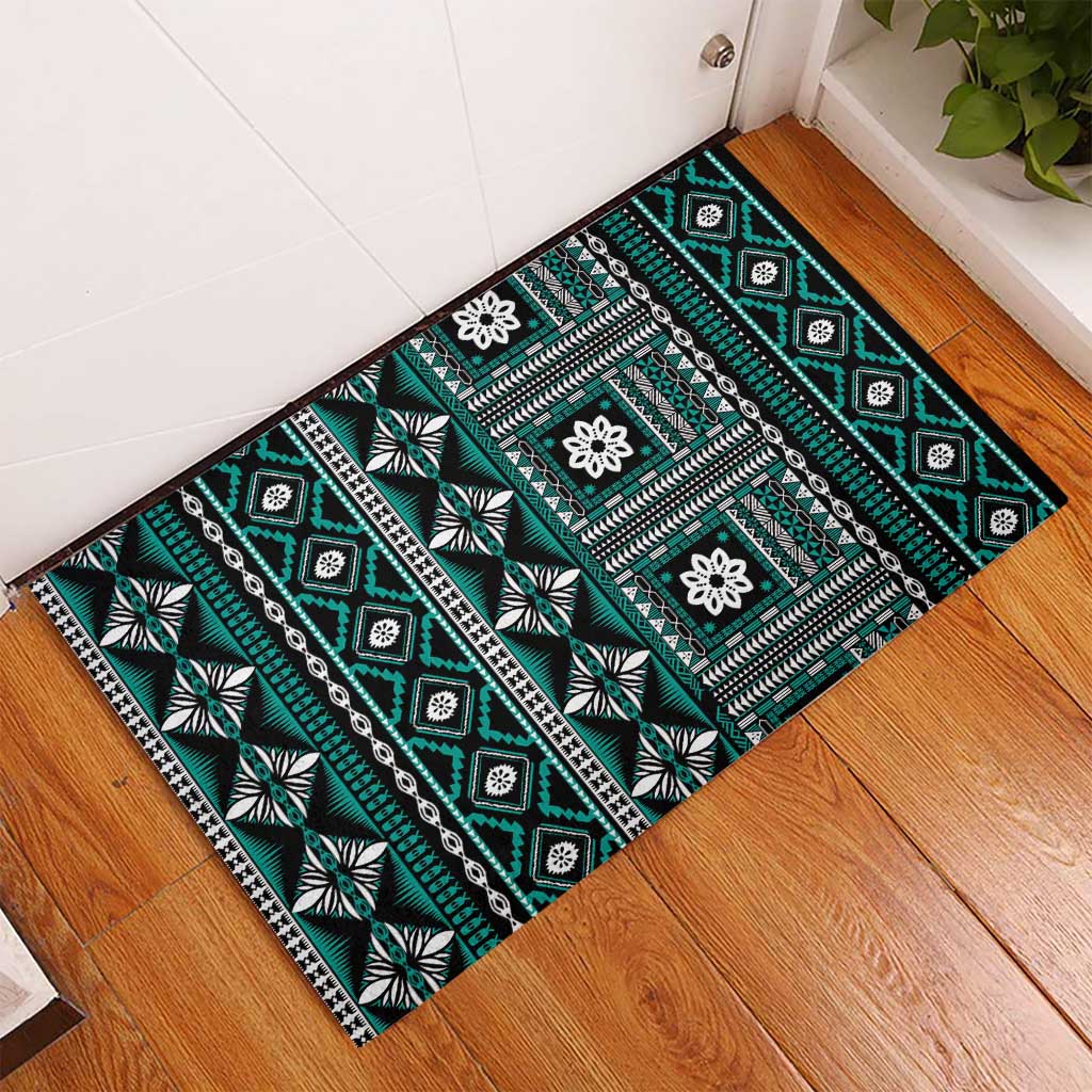 Fiji Masi Tapa Pattern Teal Rubber Doormat - Polynesian Pride