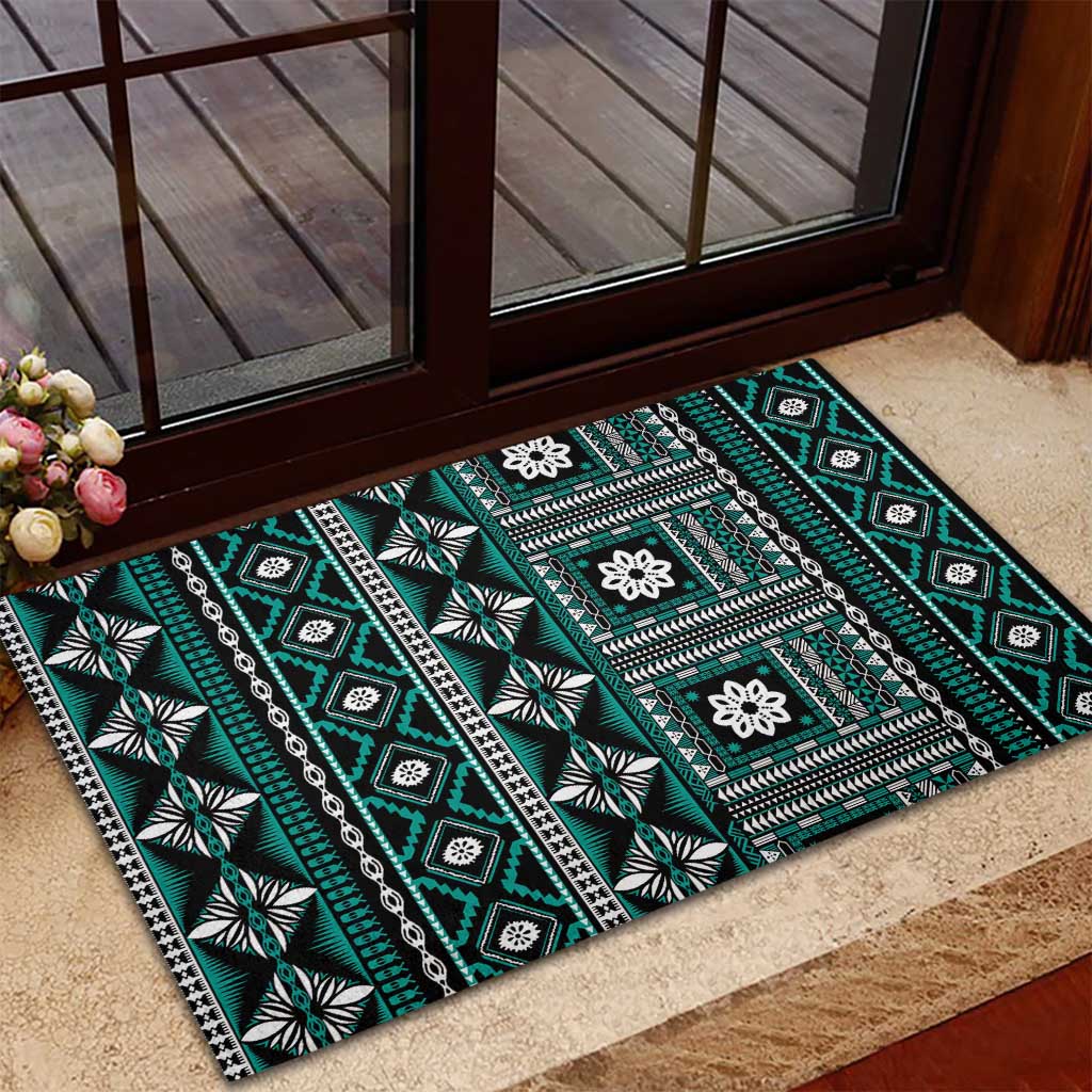 Fiji Masi Tapa Pattern Teal Rubber Doormat - Polynesian Pride