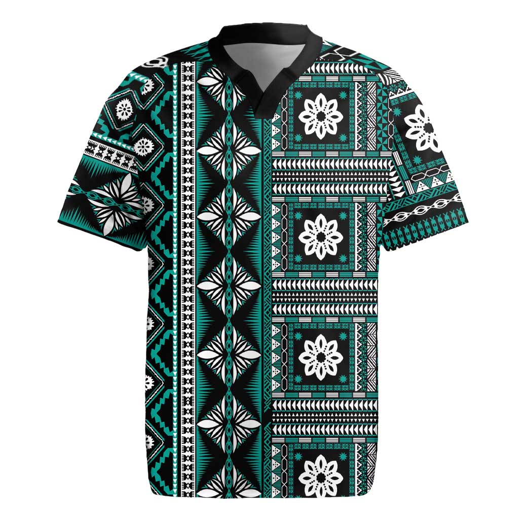 Fiji Masi Tapa Pattern Teal Rugby Jersey - Polynesian Pride