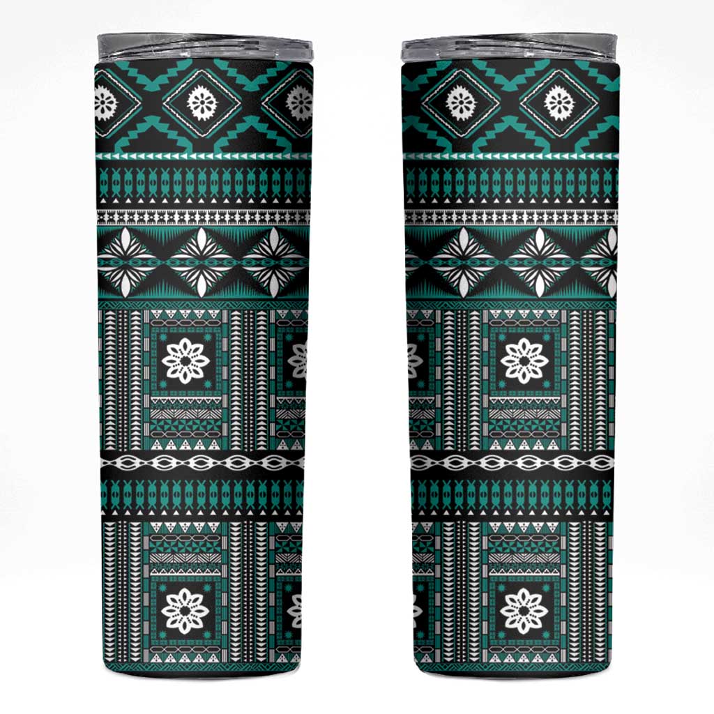 Fiji Masi Tapa Pattern Teal Skinny Tumbler - Polynesian Pride